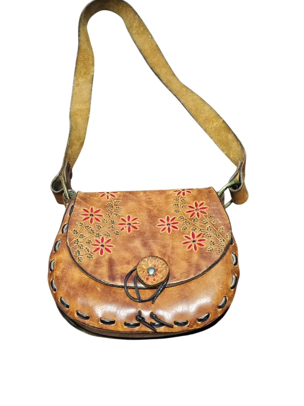 VTg Handcrafted Tan Leather Hippie hand tooled purse crossbody flap floral